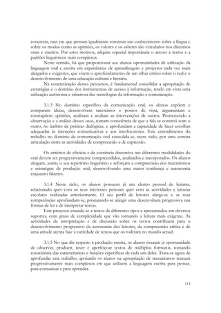  

concretas, mas em que possam igualmente construir um conhecimento sobre a língua e
sobre os modos como as opiniões, os valores e os saberes são veiculados nos discursos
orais e escritos. Por estes motivos, adquire especial importância o acesso a textos e a
padrões linguísticos mais complexos.
        Neste sentido, há que proporcionar aos alunos oportunidades de utilização da
linguagem oral e escrita em experiências de aprendizagem e projectos cada vez mais
alargados e exigentes, que visem o aprofundamento de um olhar crítico sobre o real e o
desenvolvimento de uma educação cultural e literária.
        Na concretização destes percursos, é fundamental consolidar a apropriação de
estratégias e o domínio dos instrumentos de acesso à informação, tendo em vista uma
utilização autónoma e criteriosa das tecnologias da informação e comunicação.

        3.1.3 No domínio específico da comunicação oral, os alunos expõem e
comparam ideias, desenvolvem raciocínios e pontos de vista, argumentam e
contrapõem opiniões, analisam e avaliam as intervenções de outros. Promovendo a
observação e a análise desses usos, tomam consciência de que a fala se constrói com o
outro, no âmbito de práticas dialógicas, e aprofundam a capacidade de fazer escolhas
adequadas às intenções comunicativas e aos interlocutores. Este entendimento do
trabalho no domínio da comunicação oral consolida-se, neste ciclo, por uma estreita
articulação entre as actividades de compreensão e de expressão.

       Os critérios de eficácia e de coerência discursiva nas diferentes modalidades do
oral devem ser progressivamente compreendidos, analisados e incorporados. Os alunos
alargam, assim, o seu repertório linguístico e reforçam a compreensão dos mecanismos
e estratégias de produção oral, desenvolvendo uma maior confiança e autonomia
enquanto falantes.

        3.1.4 Neste ciclo, os alunos possuem já um elenco pessoal de leituras,
relacionado quer com os seus interesses pessoais quer com as actividades e leituras
escolares realizadas anteriormente. O seu perfil de leitores alarga-se e as suas
competências aprofundam-se, procurando-se atingir uma desenvoltura progressiva nas
formas de ler e de interpretar textos.
        Este processo estende-se a textos de diferentes tipos e apresentados em diversos
suportes, com graus de complexidade que vão tornando a leitura mais exigente. As
actividades de interpretação e de discussão sobre os textos contribuem para o
desenvolvimento progressivo da autonomia dos leitores, da compreensão crítica e de
uma atitude atenta face à variedade de textos que os rodeiam no mundo actual.

       3.1.5 No que diz respeito à produção escrita, os alunos tiveram já oportunidade
de observar, produzir, rever e aperfeiçoar textos de múltiplos formatos, tomando
consciência das características e funções específicas de cada um deles. Trata-se agora de
aprofundar este trabalho, apoiando os alunos na apropriação de mecanismos textuais
progressivamente mais complexos em que utilizem a linguagem escrita para pensar,
para comunicar e para aprender.

                                                                                     113
 