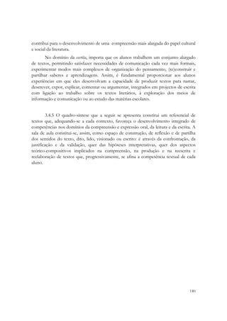  


contribui para o desenvolvimento de uma compreensão mais alargada do papel cultural
e social da literatura.
        No domínio da escrita, importa que os alunos trabalhem um conjunto alargado
de textos, permitindo satisfazer necessidades de comunicação cada vez mais formais,
experimentar modos mais complexos de organização do pensamento, (re)construir e
partilhar saberes e aprendizagens. Assim, é fundamental proporcionar aos alunos
experiências em que eles desenvolvam a capacidade de produzir textos para narrar,
descrever, expor, explicar, comentar ou argumentar, integrados em projectos de escrita
com ligação ao trabalho sobre os textos literários, à exploração dos meios de
informação e comunicação ou ao estudo das matérias escolares.


        3.4.5 O quadro-síntese que a seguir se apresenta constitui um referencial de
textos que, adequando-se a cada contexto, favoreça o desenvolvimento integrado de
competências nos domínios da compreensão e expressão oral, da leitura e da escrita. A
sala de aula constitui-se, assim, como espaço de construção, de reflexão e de partilha
dos sentidos do texto, dito, lido, visionado ou escrito: é através da confrontação, da
justificação e da validação, quer das hipóteses interpretativas, quer dos aspectos
teórico-compositivos implicados na compreensão, na produção e na reescrita e
reelaboração de textos que, progressivamente, se afina a competência textual de cada
aluno.




                                                                                  140
 