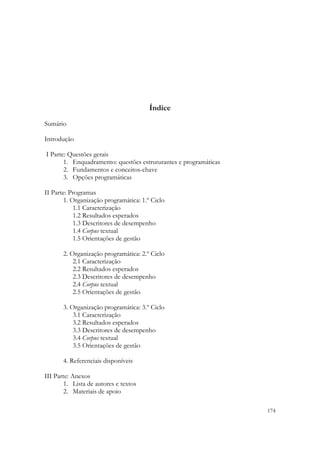  




                                          Índice
Sumário

Introdução

    I Parte: Questões gerais
           1. Enquadramento: questões estruturantes e programáticas
           2. Fundamentos e conceitos-chave
           3. Opções programáticas

II Parte: Programas
        1. Organização programática: 1.º Ciclo
            1.1 Caracterização
            1.2 Resultados esperados
            1.3 Descritores de desempenho
            1.4 Corpus textual
            1.5 Orientações de gestão

          2. Organização programática: 2.º Ciclo
              2.1 Caracterização
              2.2 Resultados esperados
              2.3 Descritores de desempenho
              2.4 Corpus textual
              2.5 Orientações de gestão

          3. Organização programática: 3.º Ciclo
              3.1 Caracterização
              3.2 Resultados esperados
              3.3 Descritores de desempenho
              3.4 Corpus textual
              3.5 Orientações de gestão

          4. Referenciais disponíveis

III Parte: Anexos
        1. Lista de autores e textos
        2. Materiais de apoio

                                                                      174
 