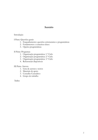Sumário

Introdução

I Parte: Questões gerais
        1. Enquadramento: questões estruturantes e programáticas
        2. Fundamentos e conceitos-chave
        3. Opções programáticas

II Parte: Programas
        1. Organização programática: 1.º Ciclo
        2. Organização programática: 2.º Ciclo
        3. Organização programática: 3.º Ciclo
        4. Referenciais disponíveis

III Parte: Anexos
        1. Lista de autores e textos
        2. Materiais de apoio
        3. Conselho Consultivo
        4. Grupo de trabalho
 
    Índice




                                                                   2
 