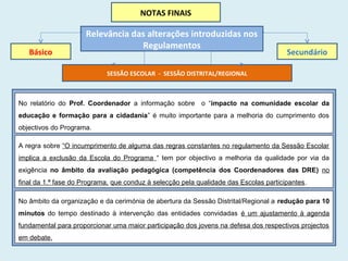 NOTAS FINAIS
Relevância das alterações introduzidas nos
Regulamentos
Básico Secundário
SESSÃO ESCOLAR - SESSÃO DISTRITAL/REGIONAL
No relatório do Prof. Coordenador a informação sobre o “impacto na comunidade escolar da
educação e formação para a cidadania” é muito importante para a melhoria do cumprimento dos
objectivos do Programa.
A regra sobre “O incumprimento de alguma das regras constantes no regulamento da Sessão Escolar
implica a exclusão da Escola do Programa “ tem por objectivo a melhoria da qualidade por via da
exigência no âmbito da avaliação pedagógica (competência dos Coordenadores das DRE) no
final da 1.ª fase do Programa, que conduz à selecção pela qualidade das Escolas participantes.
No âmbito da organização e da cerimónia de abertura da Sessão Distrital/Regional a redução para 10
minutos do tempo destinado à intervenção das entidades convidadas é um ajustamento à agenda
fundamental para proporcionar uma maior participação dos jovens na defesa dos respectivos projectos
em debate.
 