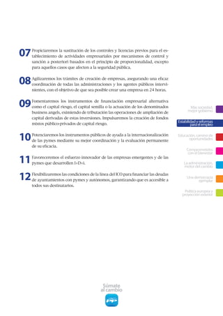 07   Propiciaremos	la	sustitución	de	los	controles	y	licencias	previos	para	el	es-
     tablecimiento de actividades empresariales por mecanismos de control y
     sanción	a	posteriori	basados	en	el	principio	de	proporcionalidad,	excepto	
     para	aquellos	casos	que	afecten	a	la	seguridad	pública.	



08   Agilizaremos	los	trámites	de	creación	de	empresas,	asegurando	una	eficaz	
     coordinación	de	todas	las	administraciones	y	los	agentes	públicos	intervi-
     nientes,	con	el	objetivo	de	que	sea	posible	crear	una	empresa	en	24	horas.



09   Fomentaremos	 los	 instrumentos	 de	 financiación	 empresarial	 alternativa	
     como	el	capital	riesgo,	el	capital	semilla	o	la	actuación	de	los	denominados	            Más sociedad,
                                                                                             mejor gobierno
     business	angels,	eximiendo	de	tributación	las	operaciones	de	ampliación	de	
     capital	derivadas	de	estas	inversiones.	Impulsaremos	la	creación	de	fondos	
                                                                                       Estabilidad y reformas
     mixtos	público-privados	de	capital	riesgo.	                                               para el empleo


10   Potenciaremos	los	instrumentos	públicos	de	ayuda	a	la	internacionalización	
     de	las	pymes	mediante	su	mejor	coordinación	y	la	evaluación	permanente	
                                                                                       Educación, camino de
                                                                                             oportunidades
     de	su	eficacia.	
                                                                                            Comprometidos
                                                                                             con el bienestar

11   Favoreceremos	el	esfuerzo	innovador	de	las	empresas	emergentes	y	de	las	
     pymes	que	desarrollen	I+D+i.                                                         La administración,
                                                                                          motor del cambio

12   Flexibilizaremos	las	condiciones	de	la	línea	del	ICO	para	financiar	las	deudas	
     de	ayuntamientos	con	pymes	y	autónomos,	garantizando	que	es	accesible	a	
                                                                                            Una democracia
                                                                                                  ejemplar
     todos sus destinatarios.
                                                                                          Política europea y
                                                                                         proyección exterior




                                             Súmate
                                            al cambio
 