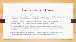 Competencias del curso
• Reconoce las prácticas sociales del lenguajepara diseñar propuestas
didácticas que fortalezcan el desarrollo de los alumnos.
• Conoce y utiliza estrategias didácticas para la búsqueda y
comprensión de información en distintos ámbitos sociales.
• Conoce y emplea de forma crítica el plan de estudios de la educación básica y
los programas de español para intervenir en los diferentes aspectos de la tarea
educativa.
• Conoce las competencias lingüísticas y comunicativas delos niños para crear y
favorecer contextos en que se facilite el aprendizaje de los alumnos.
 
