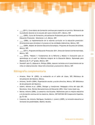231
Guías para la educadora
•	 ____(2011), Curso básico de formación continua para maestros en servicio. Relevancia de
la profesión docente en la escuela del nuevo milenio 2011, México, SEP.
•	 ____ (2005), Curso de Formación y Actualización Profesional para el Personal Docente de
Educación Preescolar. Volúmenes I y II, México, SEP.
•	 ____ (2006), La implementación de la reforma curricular en la educación preescolar:
Orientaciones para fortalecer el proceso en las entidades federativas, México, SEP.
•	 ____ (2009), Modelo de Gestión Educativa Estratégica. Programa de Escuelas de Calidad,
México, SEP.
•	 ____ (2011), Programa de Educación Preescolar 2011, Dirección General de Normatividad,
México, SEP.
•	 ____ (2010), “Modulo 1: Fundamentos de la Reforma y Módulo 4: Evaluación para el
aprendizaje en el aula” en Reforma Integral de la Educación Básica. Diplomado para
Maestros de 2º y 5º grados, México, SEP.
•	 Shonkoff Jack P. y Deborah A. Phillips (2004), Avances recientes en el conocimiento de los
niños en edad preescolar. Desarrollo emocional y autocontrol, México, SEP.
Bibliografía complementaria
•	 Airasian, Peter W. (2002), La evaluación en el salón de clases, SEP, Biblioteca de
Actualización del Maestro, México.
•	 Antúnez, Serafín (2004), Organización escolar y acción directiva, México, SEP (Biblioteca
de Actualización del Maestro).
•	 Aubert, Adriana et.al. (2004), Dialogar y transformar. Pedagogía crítica del siglo XXI.
Barcelona, Grao. Revista Iberoamericana de Educación (OEI). http//www.rieoei.org.
•	 Bolivar, Antonio (2006), La asesoría a las Escuelas. Reflexiones para la mejora educativa
y la formación continua de los maestros, México, SEP-DGFCMS-OEI-Cooperación Española,
pp.75-105.
•	 Casanova, Ma. Antonia, Rodríguez, Humberto J. (coord.) (2009), La inclusión educativa un
horizonte de posibilidades, Madrid, Muralla.
 