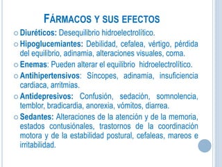 FÁRMACOS Y SUS EFECTOS
 Diuréticos: Desequilibrio hidroelectrolítico.
 Hipoglucemiantes: Debilidad, cefalea, vértigo, pérdida
del equilibrio, adinamia, alteraciones visuales, coma.
 Enemas: Pueden alterar el equilibrio hidroelectrolítico.
 Antihipertensivos: Síncopes, adinamia, insuficiencia
cardiaca, arritmias.
 Antidepresivos: Confusión, sedación, somnolencia,
temblor, bradicardia, anorexia, vómitos, diarrea.
 Sedantes: Alteraciones de la atención y de la memoria,
estados contusiónales, trastornos de la coordinación
motora y de la estabilidad postural, cefaleas, mareos e
irritabilidad.
 