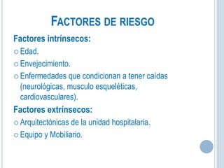 FACTORES DE RIESGO
Factores intrínsecos:
 Edad.
 Envejecimiento.
 Enfermedades que condicionan a tener caídas
(neurológicas, musculo esqueléticas,
cardiovasculares).
Factores extrínsecos:
 Arquitectónicas de la unidad hospitalaria.
 Equipo y Mobiliario.
 