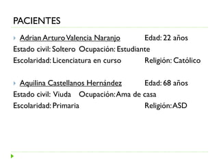 PACIENTES
 Adrian ArturoValencia Naranjo Edad: 22 años
Estado civil: Soltero Ocupación: Estudiante
Escolaridad: Licenciatura en curso Religión: Católico
 Aquilina Castellanos Hernández Edad: 68 años
Estado civil: Viuda Ocupación:Ama de casa
Escolaridad: Primaria Religión:ASD
 