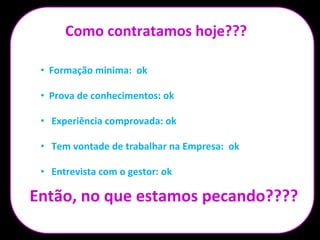 Como contratamos hoje???
• Formação minima: ok
• Prova de conhecimentos: ok
• Experiência comprovada: ok
• Tem vontade de trabalhar na Empresa: ok
• Entrevista com o gestor: ok
Então, no que estamos pecando????
 
