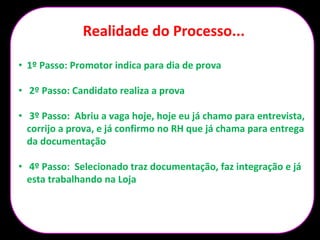 Realidade do Processo...
• 1º Passo: Promotor indica para dia de prova
• 2º Passo: Candidato realiza a prova
• 3º Passo: Abriu a vaga hoje, hoje eu já chamo para entrevista,
corrijo a prova, e já confirmo no RH que já chama para entrega
da documentação
• 4º Passo: Selecionado traz documentação, faz integração e já
esta trabalhando na Loja
 