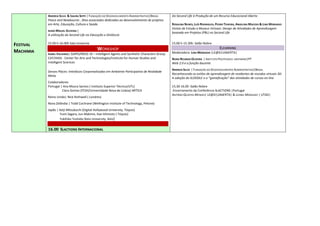 ANDREIA SILVA & ISAURA SEPPI | FUNDAÇÃO DO DESENVOLVIMENTO ADMINISTRATIVO|BRASIL      Do Second Life à Produção de um Recurso Educacional Aberto
           Peace and Newbourne , ilhas associadas dedicadas ao desenvolvimento de projetos
           em Arte, Educação, Cultura e Saúde.                                                   ROSALINA NUNES, LUÍS RODRIGUES, PEDRO TEIXEIRA, ANGELINA MACEDO & LINA MORGADO
                                                                                                 Visitas de Estudo a Museus Virtuais: Design de Atividades de Aprendizagem
           NUNO MIGUEL OLIVEIRA |
                                                                                                 baseada em Projetos (PBL) no Second Life
           A utilização do Second Life na Educação a Distância

FESTIVAL   15.00 h-16.00h Sala Universia                                                         15.00 h-15.30h: Salão Nobre

MACHIMIA                                      WORKSHOP                                                                        ELEARNING
           ISABEL VALVERDE| GAIPS/INESC-ID – Intelligent Agents and Synthetic Characters Group   Moderadora: LINA MORGADO |LE@D|UAbERTA|
           CAT/IHSIS - Center for Arts and Technologies/Institute for Human Studies and          NUNO RICARDO OLIVEIRA | INSTITUTO POLITÉCNICO   SANTARÉM|PT
           Intelligent Sciences                                                                  Web 2.0 e a função docente
                                                                                                 ANDREIA SILVA | FUNDAÇÃO DO DESENVOLVIMENTO ADMINISTRATIVO|BRASIL
           Senses Places: Interfaces Corporealizadas em Ambiente Participativo de Realidade
                                                                                                 Reconhecendo os estilos de aprendizagem de residentes de mundos virtuais 3D:
           Mista
                                                                                                 A adoção do SLOODLE e a “gameficação” das atividades de cursos on-line
           Colaboradores
           Portugal | Ana Moura Santos ( Instituto Superior Técnico/UTL)                         15,30-16.00 -Salão Nobre
                     Clara Gomes (FCSH/Universidade Nova de Lisboa) ARTICA                       Encerramento da Conferência SLACTIONS |Portugal
                                                                                                 ANTÓNIO QUINTAS-MENDES| LE@D|UAbERTA| & LEONEL MORGADO | UTAD|
           Reino Unido| Nick Rothwell ( Londres)
           Nova Zelândia | Todd Cochrane (Wellington Institute of Technology, Petone)
           Japão | Keiji Mitsubuchi (Digital Hollywood University, Tóquio)
                   Yumi Sagara, Jun Makime, Kae Ishimoto ( Tóquio)
                   Yukihiko Yoshida (Keio University, Keio)


           16.00 SLACTIONS INTERNACIONAL
 