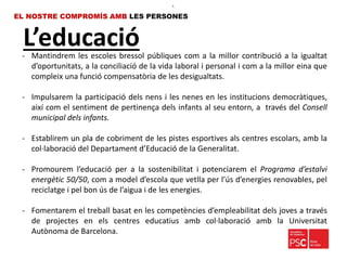 L’educació
EL NOSTRE COMPROMÍS AMB LES PERSONES
- Mantindrem les escoles bressol públiques com a la millor contribució a la igualtat
d’oportunitats, a la conciliació de la vida laboral i personal i com a la millor eina que
compleix una funció compensatòria de les desigualtats.
- Impulsarem la participació dels nens i les nenes en les institucions democràtiques,
així com el sentiment de pertinença dels infants al seu entorn, a través del Consell
municipal dels infants.
- Establirem un pla de cobriment de les pistes esportives als centres escolars, amb la
col·laboració del Departament d’Educació de la Generalitat.
- Promourem l’educació per a la sostenibilitat i potenciarem el Programa d’estalvi
energètic 50/50, com a model d’escola que vetlla per l’ús d’energies renovables, pel
reciclatge i pel bon ús de l’aigua i de les energies.
- Fomentarem el treball basat en les competències d’empleabilitat dels joves a través
de projectes en els centres educatius amb col·laboració amb la Universitat
Autònoma de Barcelona.
•.
 