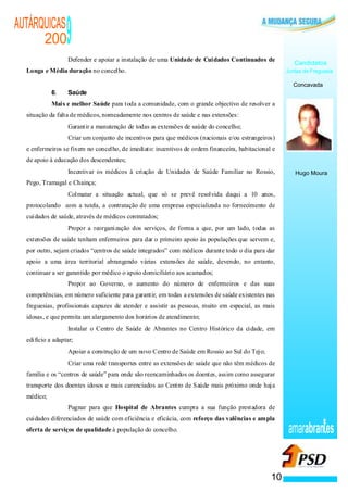 AUTÁRQUICAS
      200
                 ·
                                                             9
                                                             Defender e apoiar a instalação de uma Unidade de Cuidados Continuados de
                                                                                                                                                 Candidatos
  Longa e Média duração no concelho.                                                                                                          Juntas de Freguesia

                                                                                                                                                Concavada
            6.                                               Saúde
            Mais e melhor Saúde para toda a comunidade, com o grande objectivo de resolver a
  situação da falta de médicos, nomeadamente nos centros de saúde e nas extensões:
                                                 ·           Garantir a manutenção de todas as extensões de saúde do concelho;
                                             ·               Criar um conjunto de incentivos para que médicos (nacionais e/ou estrangeiros)
  e enfermeiros se fixem no concelho, de imediato: incentivos de ordem financeira, habitacional e
  de apoio à educação dos descendentes;
                                     ·                       Incentivar os médicos à criação de Unidades de Saúde Familiar no Rossio,            Hugo Moura
  Pego, Tramagal e Chainça;
                             ·                               Colmatar a situação actual, que só se prevê resolvida daqui a 10 anos,
  protocolando com a tutela, a contratação de uma empresa especializada no fornecimento de
  cuidados de saúde, através de médicos contratados;
                         ·                                   Propor a reorganização dos serviços, de forma a que, por um lado, todas as
  extensões de saúde tenham enfermeiros para dar o primeiro apoio às populações que servem e,
  por outro, sejam criados “centros de saúde integrados” com médicos durante todo o dia para dar
  apoio a uma área territorial abrangendo várias extensões de saúde, devendo, no entanto,
  continuar a ser garantido por médico o apoio domiciliário aos acamados;
                     ·                                       Propor ao Governo, o aumento do número de enfermeiros e das suas
  competências, em número suficiente para garantir, em todas a extensões de saúde existentes nas
  freguesias, profissionais capazes de atender e assistir as pessoas, muito em especial, as mais
  idosas, e que permita um alargamento dos horários de atendimento;
                                                         ·   Instalar o Centro de Saúde de Abrantes no Centro Histórico da cidade, em
  edifício a adaptar;
                                                     ·       Apoiar a construção de um novo Centro de Saúde em Rossio ao Sul do Tejo;
                                         ·                   Criar uma rede transportes entre as extensões de saúde que não têm médicos de
  família e os “centros de saúde” para onde são reencaminhados os doentes, assim como assegurar
  transporte dos doentes idosos e mais carenciados ao Centro de Saúde mais próximo onde haja
  médico;
                                 ·                           Pugnar para que Hospital de Abrantes cumpra a sua função prestadora de
  cuidados diferenciados de saúde com eficiência e eficácia, com reforço das valências e ampla
  oferta de serviços de qualidade à população do concelho.                                                                                    amarabran es


                                                                                                                                         10
 