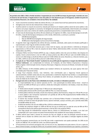 No período entre 2001 e 2010 o Partido Socialista é responsável por cerca de 80% do tempo da governação, incluindo seis anos
de Governo de José Sócrates. O legado destes 6 anos não podia ser mais desastroso para os Portugueses, também do ponto de
vista económico-financeiro. Um verdadeiro crime de lesa-Pátria. Na realidade:

        O pior crescimento económico médio dos últimos 90 anos, e um cenário futuro de fraco potencial de crescimento;
        Divergência dos níveis de vida relativamente à média europeia;
        A política salarial no conjunto da economia, induzida pelo Governo em relação à política salarial do sector público e dos
         sectores com preços regulados na economia, foi desligada da evolução da produtividade, determinando uma evolução
         negativa dos custos reais unitários do trabalho, prejudicando gravemente a competitividade externa do País;
        A maior taxa de desemprego dos últimos 90 anos (desde que há registos). Em 2005, a taxa de desemprego era de 6,6%.
         Em 2011, a taxa de desemprego já ultrapassa os 11% e tende, infelizmente, a continuar a aumentar:
              o 620.000 desempregados;
              o Mais de 300.000 desempregados de longa duração;
              o 30.000 jovens desempregados à procura do primeiro emprego;
        A segunda maior vaga emigratória dos últimos 60 anos, incidindo, sobretudo, sobre jovens de elevada qualificação e
         representando a maior fuga de cérebros de toda a OCDE;
        Um Estado com uma dimensão excessiva para o nosso nível de riqueza, cujo peso (directo e indirecto) já ultrapassa
         seguramente os 55% do PIB a nível do conjunto do Sector Público Administrativo (SPA) e do Sector Empresarial do
         Estado (SEE) e das PPPCs;
        A Despesa Pública Corrente Primária (DPCP) (ou seja, a despesa pública antes dos juros da dívida e das despesas de
         capital), mesmo anteriormente à crise em 2007, já estava próxima dos 38% do PIB (um valor de 64.400 milhões de
         euros) e em 2010 atingiu os 42,4% do PIB (um valor de 73.500 milhões de euros). Recorde-se, a título de memória, que,
         em 1995, a DPCP era de 31,3% do PIB (à volta de 31.300 milhões de euros);
        A criação de um “Novo Estado Paralelo” resultante de uma proliferação de organismos à margem das Administrações
         Públicas tradicionais: uma multiplicidade de Institutos, de Fundações, de Entes Públicos Empresariais e Empresas
         Públicas ligadas à Administração Central, Empresas Municipais e Regionais, Estruturas de Missão, Comissões de Estudo
         ad-hoc, etc.;
         Em 2009, tínhamos 13.740 entidades públicas que recebiam dinheiros do orçamento, das quais apenas 418 eram
         controladas pelo Tribunal de Contas;
        A Carga Fiscal (impostos directos, mais indirectos, mais contribuições para a Segurança Social) agravou-se
         substancialmente, também ainda antes da crise, penalizando o rendimento disponível das famílias e a competitividade
         das empresas; e determinando um esforço fiscal relativo, em paridades de poder de compra, 20 pontos percentuais
         acima da média da UE-27 (base 100);
        Portugal está entre os dez Países mais endividados do mundo, em todos os indicadores possíveis:
        o As responsabilidades face ao exterior (passivos da PI) – uma aproximação da dívida externa bruta – situam-se
             próximos de 290% do PIB (em que se salienta a dívida das instituições monetárias e do Estado), a maior dos últimos
             120 anos;
        o A “dívida externa líquida” já atingiu hoje 17.700 euros por cada português;
        o A dívida pública directa do SPA caminha para 100% do PIB, e é a maior de sempre;
        o A dívida pública indirecta do Estado, através das empresas públicas não financeiras, atinge já os 27% do PIB, em que
             o sector público e dos transportes representam um quinhão de 10% do PIB (respectivamente 46.800 milhões de
             euros e 17.000 milhões de euros);
        o O volume dos encargos derivados dos contratos com as Parcerias-Público Privadas e Concessões (PPPCs), que
             constitui um fardo às costas das gerações futuras, aparece estimado, a preços correntes, para o período 2010-2030,
             em 60.000 milhões de euros;
        o A dívida das famílias é de cerca de 100% do PIB e 135% do rendimento disponível;
        o As dívidas das empresas atingem os 150% do PIB mas em que se estima que um total de cerca de 40% do PIB é
             consequência directa das políticas governamentais a nível do SEE e dos projectos PPPCs;
        o Uma larga porção do endividamento nacional deve-se, directa ou indirectamente, ao Estado, a um nível sem
             comparação com o que se passa nos países financeiramente mais saudáveis do nosso espaço económico;
        O défice externo (que mede o excesso do consumo do País em relação ao valor da produção nacional de bens e
         serviços) tem-se situado nos últimos anos entre os 8% e 10% do PIB, o que explica a evolução negativa da dívida
         externa;
        A taxa de poupança nacional bruta, em % do PIB, tem vindo a experimentar uma queda acelerada. Em 1995 era de
         20,2%; em 2000 de 17%; em 2007 de 12,4%; e em 2010 de apenas 8%;
        O financiamento da economia portuguesa está, há mais de um ano, dependente de ajuda externa. Só com o apoio do
         Banco Central Europeu, ao longo do último ano, foi possível manter o nível de financiamento que suportou a economia



                                                              24
 