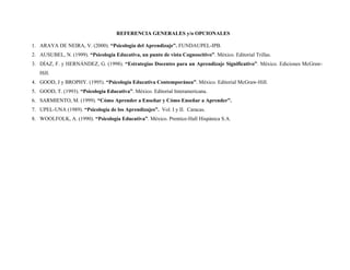 REFERENCIA GENERALES y/o OPCIONALES
1. ARAYA DE NEIRA, V. (2000). “Psicología del Aprendizaje”. FUNDAUPEL-IPB.
2. AUSUBEL, N. (1999). “Psicología Educativa, un punto de vista Cognoscitivo”. México. Editorial Trillas.
3. DÍAZ, F. y HERNÁNDEZ, G. (1998). “Estrategias Docentes para un Aprendizaje Significativo”. México. Ediciones McGraw-
Hill.
4. GOOD, J y BROPHY. (1995). “Psicología Educativa Contemporánea”. México. Editorial McGraw-Hill.
5. GOOD, T. (1993). “Psicología Educativa”. México. Editorial Interamericana.
6. SARMIENTO, M. (1999). “Cómo Aprender a Enseñar y Cómo Enseñar a Aprender”.
7. UPEL-UNA (1989). “Psicología de los Aprendizajes”. Vol. I y II. Caracas.
8. WOOLFOLK, A. (1990). “Psicología Educativa”. México. Prentice-Hall Hispánica S.A.
 