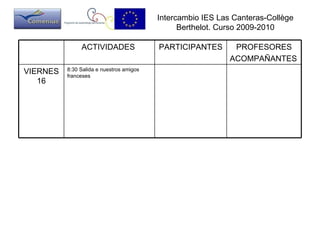 Intercambio IES Las Canteras-Collège Berthelot. Curso 2009-2010 ACTIVIDADES   PARTICIPANTES   PROFESORES ACOMPAÑANTES   VIERNES 16 8:30 Salida e nuestros amigos franceses 
