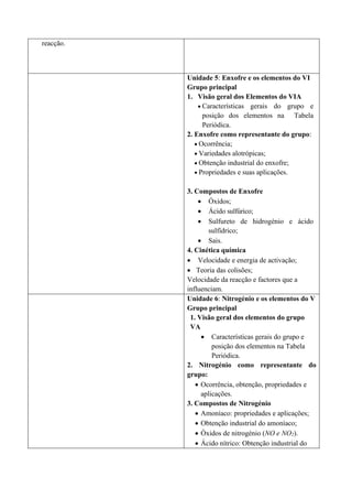 reacção.
Unidade 5: Enxofre e os elementos do VI
Grupo principal
1. Visão geral dos Elementos do VIA
• Características gerais do grupo e
posição dos elementos na Tabela
Periódica.
2. Enxofre como representante do grupo:
• Ocorrência;
• Variedades alotrópicas;
• Obtenção industrial do enxofre;
• Propriedades e suas aplicações.
3. Compostos de Enxofre
• Óxidos;
• Ácido sulfúrico;
• Sulfureto de hidrogénio e ácido
sulfídrico;
• Sais.
4. Cinética química
• Velocidade e energia de activação;
• Teoria das colisões;
Velocidade da reacção e factores que a
influenciam.
Unidade 6: Nitrogénio e os elementos do V
Grupo principal
1. Visão geral dos elementos do grupo
VA
• Características gerais do grupo e
posição dos elementos na Tabela
Periódica.
2. Nitrogénio como representante do
grupo:
• Ocorrência, obtenção, propriedades e
aplicações.
3. Compostos de Nitrogénio
• Amoníaco: propriedades e aplicações;
• Obtenção industrial do amoníaco;
• Óxidos de nitrogénio (NO e NO2).
• Ácido nítrico: Obtenção industrial do
 