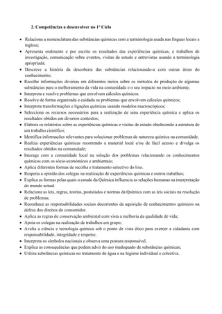 2. Competências a desenvolver no 1º Ciclo
• Relaciona a nomenclatura das substâncias químicas com a terminologia usada nas línguas locais e
inglesa;
• Apresenta oralmente e por escrito os resultados das experiências químicas, e trabalhos de
investigação, comunicação sobre eventos, visitas de estudo e entrevistas usando a terminologia
apropriada;
• Descreve a história da descoberta das substâncias relacionando-a com outras áreas do
conhecimento;
• Recolhe informações diversas em diferentes meios sobre os métodos de produção de algumas
substâncias para o melhoramento da vida na comunidade e o seu impacto no meio ambiente;
• Interpreta e resolve problemas que envolvem cálculos químicos.
• Resolve de forma organizada e cuidada os problemas que envolvem cálculos químicos;
• Interpreta transformações e ligações químicas usando modelos macroscópicos;
• Selecciona os recursos necessários para a realização de uma experiência química e aplica os
resultados obtidos em diversos contextos;
• Elabora os relatórios sobre as experiências químicas e visitas de estudo obedecendo a estrutura de
um trabalho científico;
• Identifica informações relevantes para solucionar problemas de natureza química na comunidade.
• Realiza experiências químicas recorrendo a material local e/ou de fácil acesso e divulga os
resultados obtidos na comunidade;
• Interage com a comunidade local na solução dos problemas relacionando os conhecimentos
químicos com os sócio-económicos e ambientais;
• Aplica diferentes formas de recolha e tratamento selectivo do lixo.
• Respeita a opinião dos colegas na realização de experiências químicas e outros trabalhos;
• Explica as formas pelas quais o estudo da Química influencia as relações humanas na interpretação
do mundo actual.
• Relaciona as leis, regras, teorias, postulados e normas da Química com as leis sociais na resolução
de problemas;
• Reconhece as responsabilidades sociais decorrentes da aquisição de conhecimentos químicos na
defesa dos direitos do consumidor.
• Aplica as regras de conservação ambiental com vista a melhoria da qualidade de vida;
• Apoia os colegas na realização de trabalhos em grupo;
• Avalia a ciência e tecnologia química sob o ponto de vista ético para exercer a cidadania com
responsabilidade, integridade e respeito;
• Interpreta os símbolos nacionais e observa uma postura responsável.
• Explica as consequências que podem advir do uso inadequado de substâncias químicas;
• Utiliza substâncias químicas no tratamento de água e na higiene individual e colectiva.
 
