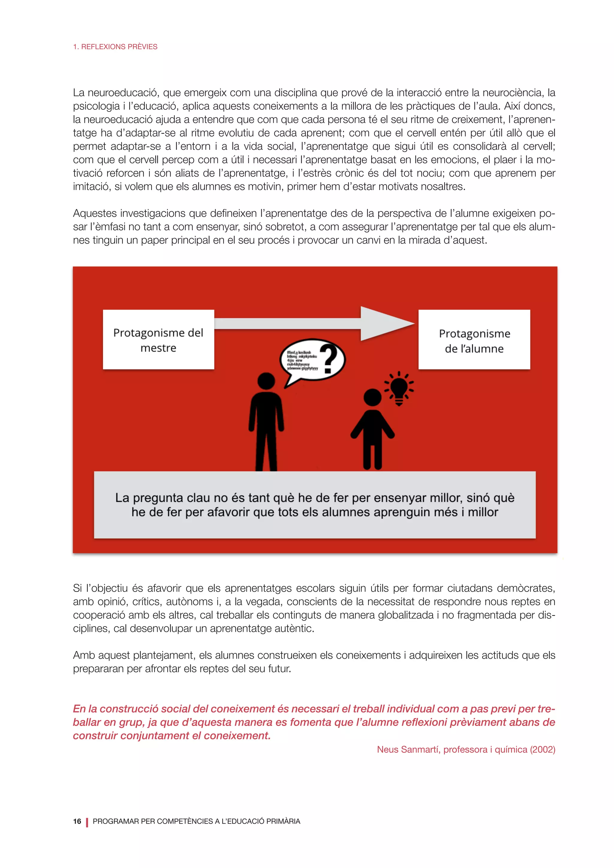 16
❘ PROGRAMAR PER COMPETÈNCIES A L’EDUCACIÓ PRIMÀRIA
1. REFLEXIONS PRÈVIES
La neuroeducació, que emergeix com una disciplina que prové de la interacció entre la neurociència, la
psicologia i l’educació, aplica aquests coneixements a la millora de les pràctiques de l’aula. Així doncs,
la neuroeducació ajuda a entendre que com que cada persona té el seu ritme de creixement, l’aprenen-
tatge ha d’adaptar-se al ritme evolutiu de cada aprenent; com que el cervell entén per útil allò que el
permet adaptar-se a l’entorn i a la vida social, l’aprenentatge que sigui útil es consolidarà al cervell;
com que el cervell percep com a útil i necessari l’aprenentatge basat en les emocions, el plaer i la mo-
tivació reforcen i són aliats de l’aprenentatge, i l’estrès crònic és del tot nociu; com que aprenem per
imitació, si volem que els alumnes es motivin, primer hem d’estar motivats nosaltres.
Aquestes investigacions que defineixen l’aprenentatge des de la perspectiva de l’alumne exigeixen po-
sar l’èmfasi no tant a com ensenyar, sinó sobretot, a com assegurar l’aprenentatge per tal que els alum-
nes tinguin un paper principal en el seu procés i provocar un canvi en la mirada d’aquest.
Si l’objectiu és afavorir que els aprenentatges escolars siguin útils per formar ciutadans demòcrates,
amb opinió, crítics, autònoms i, a la vegada, conscients de la necessitat de respondre nous reptes en
cooperació amb els altres, cal treballar els continguts de manera globalitzada i no fragmentada per dis-
ciplines, cal desenvolupar un aprenentatge autèntic.
Amb aquest plantejament, els alumnes construeixen els coneixements i adquireixen les actituds que els
prepararan per afrontar els reptes del seu futur.
En la construcció social del coneixement és necessari el treball individual com a pas previ per tre-
ballar en grup, ja que d’aquesta manera es fomenta que l’alumne reflexioni prèviament abans de
construir conjuntament el coneixement.
Neus Sanmartí, professora i química (2002)
 