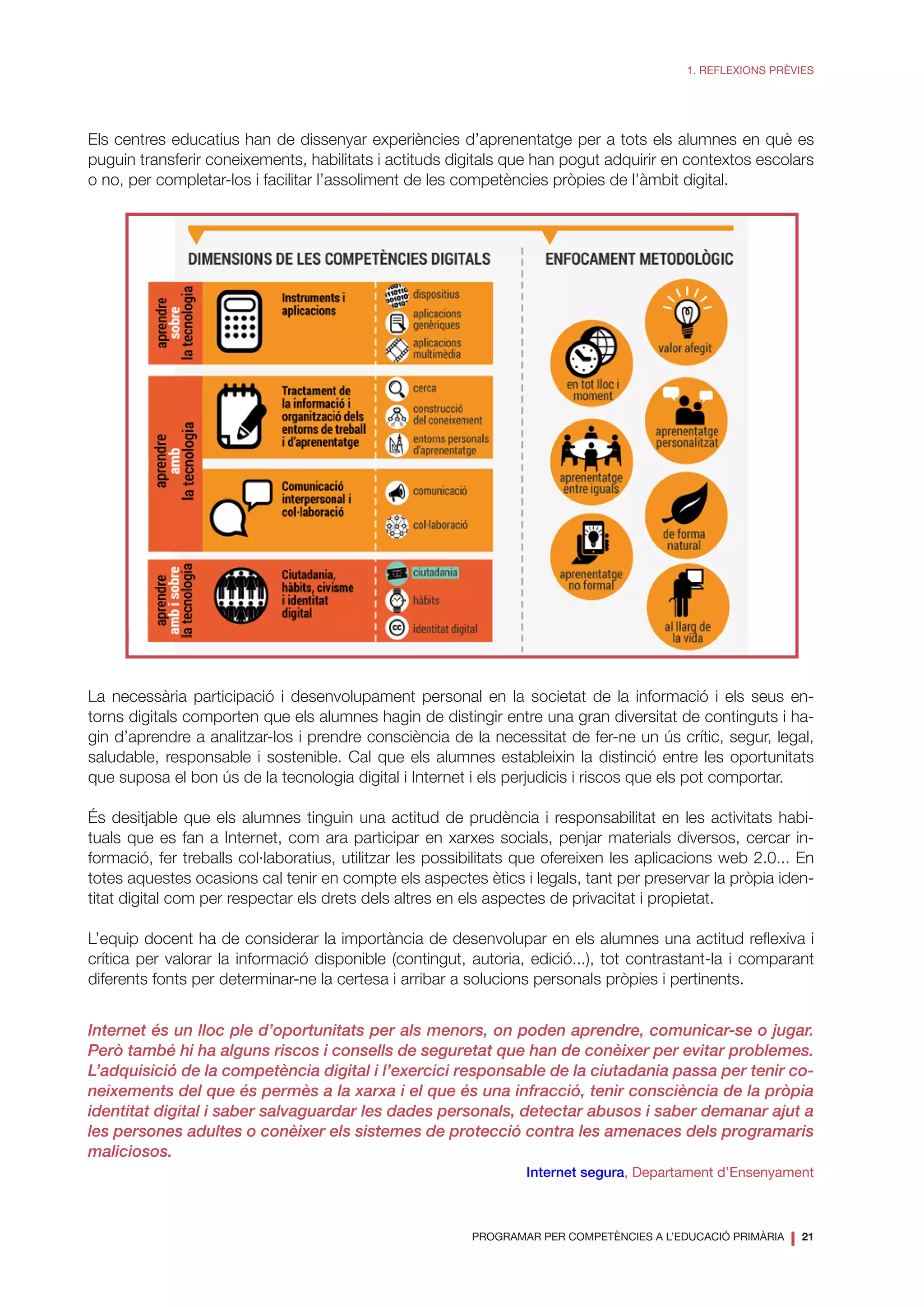 PROGRAMAR PER COMPETÈNCIES A L’EDUCACIÓ PRIMÀRIA
❘ 21
1. REFLEXIONS PRÈVIES
Els centres educatius han de dissenyar experiències d’aprenentatge per a tots els alumnes en què es
puguin transferir coneixements, habilitats i actituds digitals que han pogut adquirir en contextos escolars
o no, per completar-los i facilitar l’assoliment de les competències pròpies de l’àmbit digital.
La necessària participació i desenvolupament personal en la societat de la informació i els seus en-
torns digitals comporten que els alumnes hagin de distingir entre una gran diversitat de continguts i ha-
gin d’aprendre a analitzar-los i prendre consciència de la necessitat de fer-ne un ús crític, segur, legal,
saludable, responsable i sostenible. Cal que els alumnes estableixin la distinció entre les oportunitats
que suposa el bon ús de la tecnologia digital i Internet i els perjudicis i riscos que els pot comportar.
És desitjable que els alumnes tinguin una actitud de prudència i responsabilitat en les activitats habi-
tuals que es fan a Internet, com ara participar en xarxes socials, penjar materials diversos, cercar in-
formació, fer treballs col·laboratius, utilitzar les possibilitats que ofereixen les aplicacions web 2.0... En
totes aquestes ocasions cal tenir en compte els aspectes ètics i legals, tant per preservar la pròpia iden-
titat digital com per respectar els drets dels altres en els aspectes de privacitat i propietat.
L’equip docent ha de considerar la importància de desenvolupar en els alumnes una actitud reflexiva i
crítica per valorar la informació disponible (contingut, autoria, edició...), tot contrastant-la i comparant
diferents fonts per determinar-ne la certesa i arribar a solucions personals pròpies i pertinents.
Internet és un lloc ple d’oportunitats per als menors, on poden aprendre, comunicar-se o jugar.
Però també hi ha alguns riscos i consells de seguretat que han de conèixer per evitar problemes.
L’adquisició de la competència digital i l’exercici responsable de la ciutadania passa per tenir co-
neixements del que és permès a la xarxa i el que és una infracció, tenir consciència de la pròpia
identitat digital i saber salvaguardar les dades personals, detectar abusos i saber demanar ajut a
les persones adultes o conèixer els sistemes de protecció contra les amenaces dels programaris
maliciosos.
Internet segura, Departament d’Ensenyament
 
