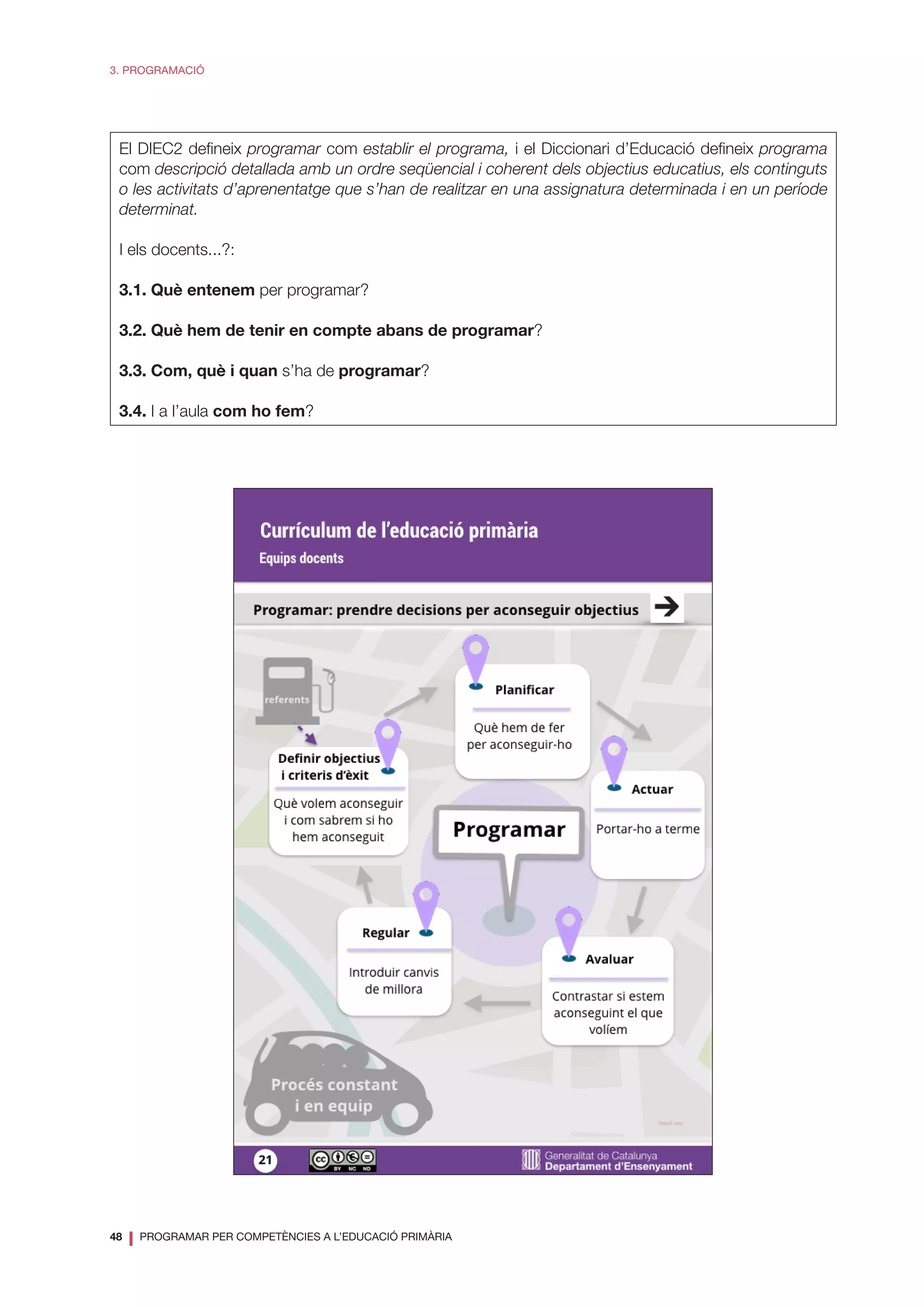 48
❘ PROGRAMAR PER COMPETÈNCIES A L’EDUCACIÓ PRIMÀRIA
3. PROGRAMACIÓ
El DIEC2 defineix programar com establir el programa, i el Diccionari d’Educació defineix programa
com descripció detallada amb un ordre seqüencial i coherent dels objectius educatius, els continguts
o les activitats d’aprenentatge que s’han de realitzar en una assignatura determinada i en un període
determinat.
I els docents...?:
3.1. Què entenem per programar?
3.2. Què hem de tenir en compte abans de programar?
3.3. Com, què i quan s’ha de programar?
3.4. I a l’aula com ho fem?
 