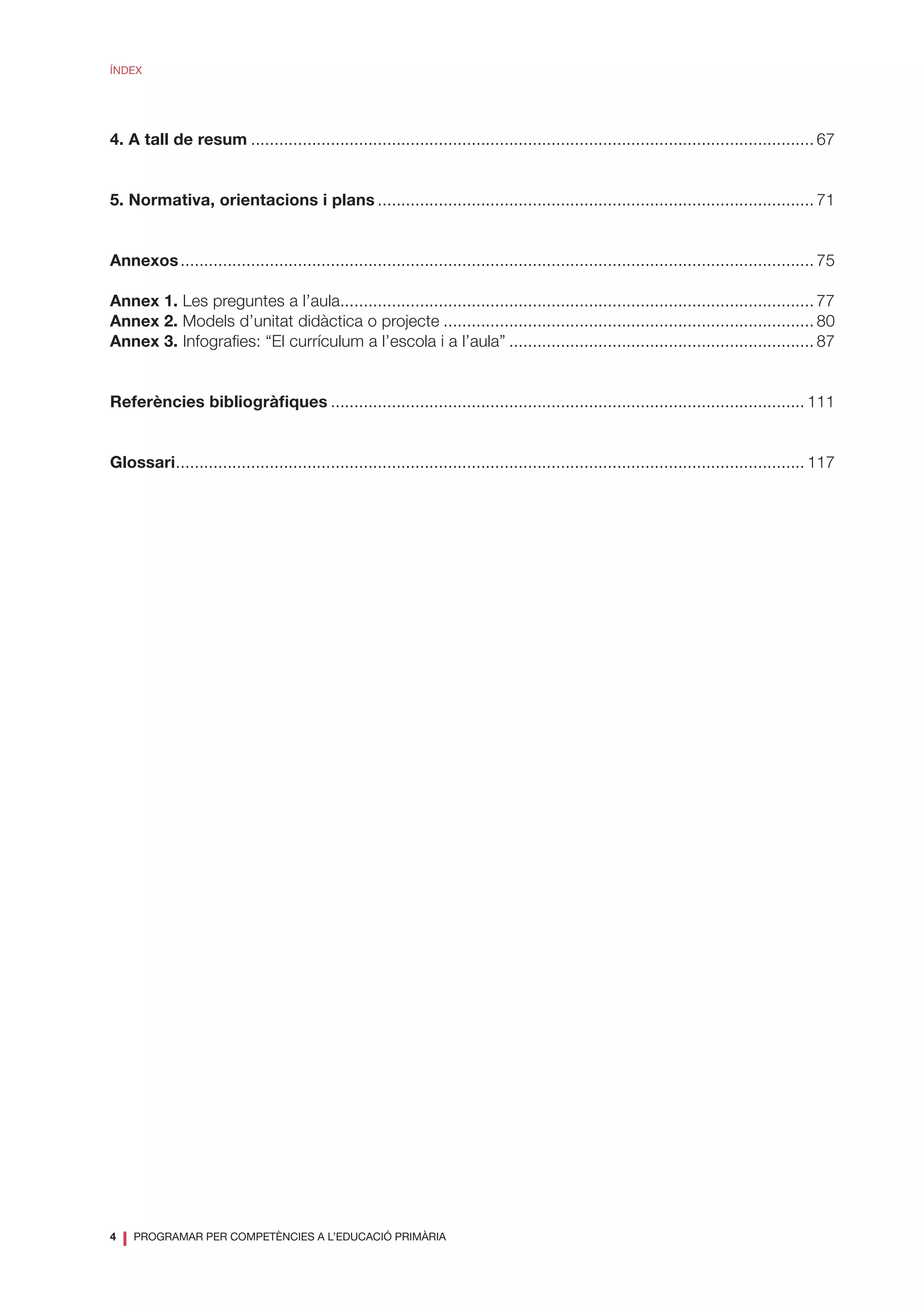 4
❘ PROGRAMAR PER COMPETÈNCIES A L’EDUCACIÓ PRIMÀRIA
ÍNDEX
4. A tall de resum......................................................................................................................... 67
5. Normativa, orientacions i plans.............................................................................................. 71
Annexos........................................................................................................................................ 75
Annex 1. Les preguntes a l’aula...................................................................................................... 77	
Annex 2. Models d’unitat didàctica o projecte................................................................................ 80
Annex 3. Infografies: “El currículum a l’escola i a l’aula”.................................................................. 87
Referències bibliogràfiques...................................................................................................... 111
Glossari....................................................................................................................................... 117
 