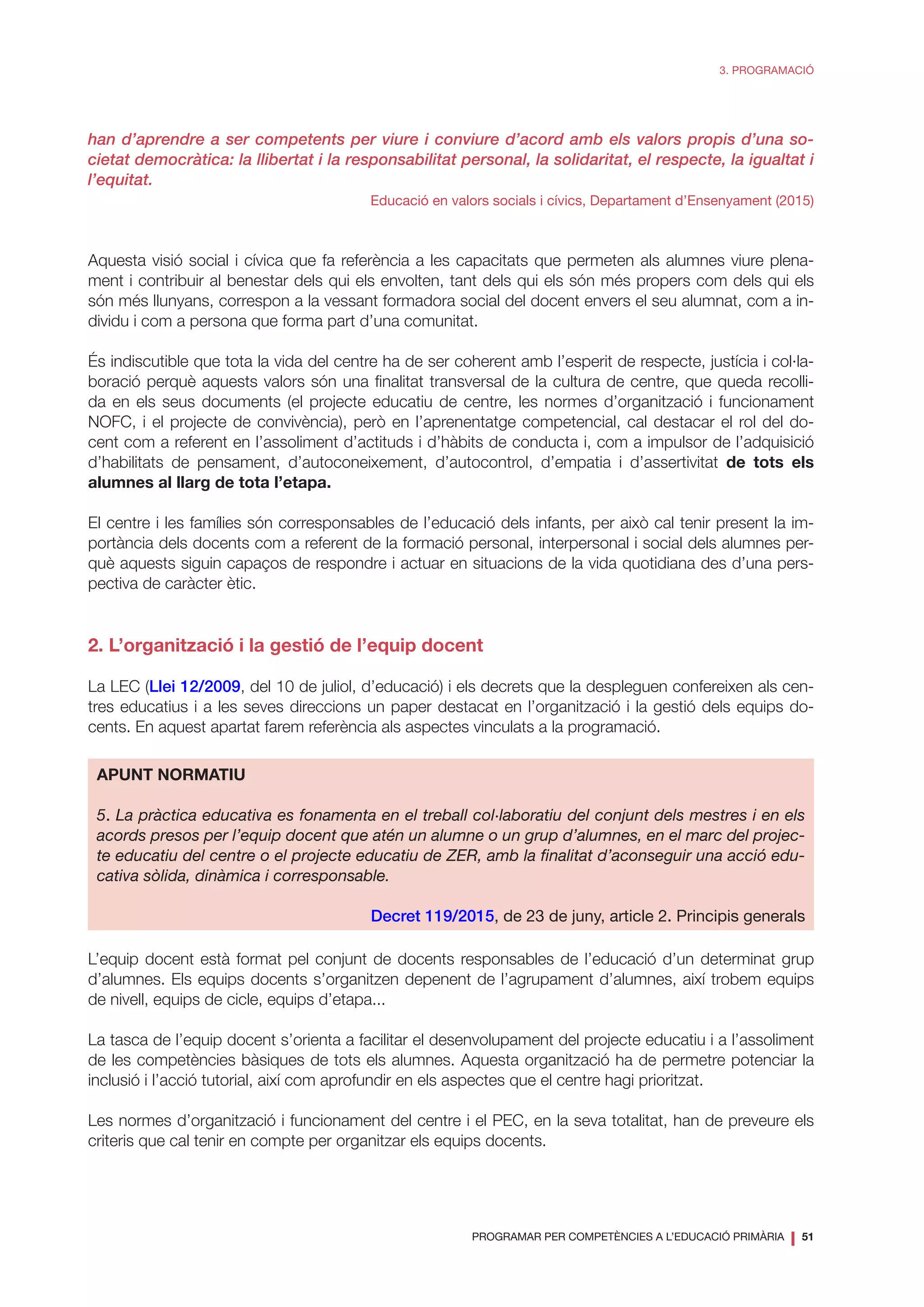 PROGRAMAR PER COMPETÈNCIES A L’EDUCACIÓ PRIMÀRIA
❘ 51
3. PROGRAMACIÓ
han d’aprendre a ser competents per viure i conviure d’acord amb els valors propis d’una so-
cietat democràtica: la llibertat i la responsabilitat personal, la solidaritat, el respecte, la igualtat i
l’equitat.
Educació en valors socials i cívics, Departament d’Ensenyament (2015)
Aquesta visió social i cívica que fa referència a les capacitats que permeten als alumnes viure plena-
ment i contribuir al benestar dels qui els envolten, tant dels qui els són més propers com dels qui els
són més llunyans, correspon a la vessant formadora social del docent envers el seu alumnat, com a in-
dividu i com a persona que forma part d’una comunitat.
És indiscutible que tota la vida del centre ha de ser coherent amb l’esperit de respecte, justícia i col·la-
boració perquè aquests valors són una finalitat transversal de la cultura de centre, que queda recolli-
da en els seus documents (el projecte educatiu de centre, les normes d’organització i funcionament
NOFC, i el projecte de convivència), però en l’aprenentatge competencial, cal destacar el rol del do-
cent com a referent en l’assoliment d’actituds i d’hàbits de conducta i, com a impulsor de l’adquisició
d’habilitats de pensament, d’autoconeixement, d’autocontrol, d’empatia i d’assertivitat de tots els
alumnes al llarg de tota l’etapa.
El centre i les famílies són corresponsables de l’educació dels infants, per això cal tenir present la im-
portància dels docents com a referent de la formació personal, interpersonal i social dels alumnes per-
què aquests siguin capaços de respondre i actuar en situacions de la vida quotidiana des d’una pers-
pectiva de caràcter ètic.
2. L’organització i la gestió de l’equip docent
La LEC (Llei 12/2009, del 10 de juliol, d’educació) i els decrets que la despleguen confereixen als cen-
tres educatius i a les seves direccions un paper destacat en l’organització i la gestió dels equips do-
cents. En aquest apartat farem referència als aspectes vinculats a la programació.
APUNT NORMATIU
5. La pràctica educativa es fonamenta en el treball col·laboratiu del conjunt dels mestres i en els
acords presos per l’equip docent que atén un alumne o un grup d’alumnes, en el marc del projec-
te educatiu del centre o el projecte educatiu de ZER, amb la finalitat d’aconseguir una acció edu-
cativa sòlida, dinàmica i corresponsable.
Decret 119/2015, de 23 de juny, article 2. Principis generals
L’equip docent està format pel conjunt de docents responsables de l’educació d’un determinat grup
d’alumnes. Els equips docents s’organitzen depenent de l’agrupament d’alumnes, així trobem equips
de nivell, equips de cicle, equips d’etapa...
La tasca de l’equip docent s’orienta a facilitar el desenvolupament del projecte educatiu i a l’assoliment
de les competències bàsiques de tots els alumnes. Aquesta organització ha de permetre potenciar la
inclusió i l’acció tutorial, així com aprofundir en els aspectes que el centre hagi prioritzat.
Les normes d’organització i funcionament del centre i el PEC, en la seva totalitat, han de preveure els
criteris que cal tenir en compte per organitzar els equips docents.
 