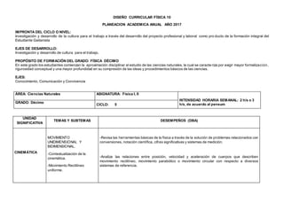 DISEÑO CURRICULAR FÍSICA 10
PLANEACION ACADEMICA ANUAL AÑO 2017
IMPRONTA DEL CICLO O NIVEL:
Investigación y desarrollo de la cultura para el trabajo a través del desarrollo del proyecto profesional y laboral como pro ducto de la formación integral del
Estudiante Gaitanista
EJES DE DESARROLLO:
Investigación y desarrollo de cultura para el trabajo.
PROPÓSITO DE FORMACIÓN DEL GRADO: FÍSICA DÉCIMO
En este grado los estudiantes comienzan la aproximación disciplinar al estudio de las ciencias naturales, la cual se caracte riza por exigir mayor formalización,
rigurosidad conceptual y una mayor profundidad en su compresión de las ideas y procedimientos básicos de las ciencias.
EJES:
Conocimiento, Comunicación y Convivencia
ÁREA: Ciencias Naturales ASIGNATURA: Física I, II
INTENSIDAD HORARIA SEMANAL: 2 h/s o 3
h/s, de acuerdo al pensumGRADO: Décimo
CICLO: 5
UNIDAD
SIGNIFICATIVA
TEMAS Y SUBTEMAS DESEMPEÑOS (DBA)
CINEMÁTICA
MOVIMIENTO
UNIDIMENSIONAL Y
BIDIMENSIONAL.
-Contextualización de la
cinemática.
-Movimiento Rectilíneo
uniforme.
-Revisa las herramientas básicas de la física a través de la solución de problemas relacionados con
conversiones, notación científica, cifras significativas y sistemas de medición.
-Analiza las relaciones entre posición, velocidad y aceleración de cuerpos que describen
movimiento rectilíneo, movimiento parabólico o movimiento circular con respecto a diversos
sistemas de referencia.
 