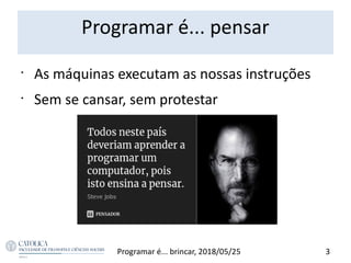 Programar é... pensar
3Programar é... brincar, 2018/05/25
•
As máquinas executam as nossas instruções
•
Sem se cansar, sem protestar
 