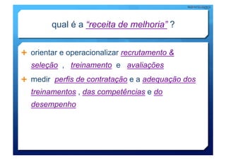 qual é a “receita de melhoria” ?


  orientar e operacionalizar recrutamento &
  seleção , treinamento e avaliações
  medir perfis de contratação e a adequação dos
  treinamentos , das competências e do
  desempenho
 