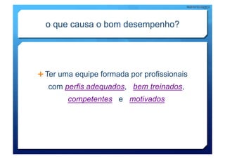 o que causa o bom desempenho?




  Ter uma equipe formada por profissionais
   com perfis adequados, bem treinados,
        competentes e motivados
 