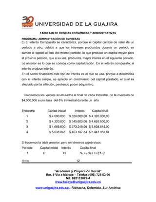 UNIVERSIDAD DE LA GUAJIRA
FACULTAD DE CIENCIAS ECONÓMICAS Y ADMINISTRATIVAS
PROGRAMA: ADMINISTRACIÓN DE EMPRESAS
b) El interés Compuesto se caracteriza, porque el capital cambia de valor de un
período a otro, debido a que los intereses producidos durante un período se
suman al capital al final del mismo periodo, lo que produce un capital mayor para
el próximo período, que a su vez, producirá, mayor interés en el siguiente período.
Lo anterior es lo que se conoce como capitalización. En el interés compuesto, el
interés produce interés.
En el sector financiero este tipo de interés es el que se usa, porque a diferencias
con el interés simple, se aprecia un crecimiento del capital prestado, el cual es
afectado por la inflación, perdiendo poder adquisitivo.
Calculemos los valores acumulados al final de cada trimestre, de la inversión de
$4.000.000 a una tasa del 6% trimestral durante un año
Trimestre Capital inicial Interés Capital final
1 $ 4.000.000 $ 320.000,00 $ 4.320.000,00
2 $ 4.320.000 $ 345.600,00 $ 4.665.600,00
3 $ 4.665.600 $ 373.248,00 $ 5.038.848,00
4 $ 5.038.848 $ 403.107,84 $ 5.441.955,84
Si hacemos la tabla anterior, pero en términos algebraicos:
Período Capital inicial Interés Capital final
1 P Pi S1 = P+Pi = P(1+i)
Betina
“Academia y Proyección Social”
Km. 5 Vía a Maicao – Telefax (095) 728 53 06
Nit: 892115029-4
www.faceya@uniguajira.edu.co
www.uniguajira.edu.co.- Riohacha, Colombia, Sur América
12
 