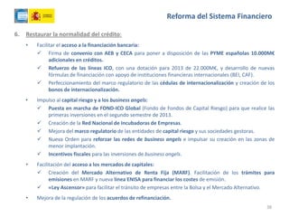 6. Restaurar la normalidad del crédito:
• Facilitar el acceso a la financiación bancaria:
 Firma de convenio con AEB y CECA para poner a disposición de las PYME españolas 10.000M€
adicionales en créditos.
 Refuerzo de las líneas ICO, con una dotación para 2013 de 22.000M€, y desarrollo de nuevas
fórmulas de financiación con apoyo de instituciones financieras internacionales (BEI, CAF).
 Perfeccionamiento del marco regulatorio de las cédulas de internacionalización y creación de los
bonos de internacionalización.
• Impulso al capital riesgo y a los business angels:
 Puesta en marcha de FOND-ICO Global (Fondo de Fondos de Capital Riesgo) para que realice las
primeras inversiones en el segundo semestre de 2013.
 Creación de la Red Nacional de Incubadoras de Empresas.
 Mejora del marco regulatorio de las entidades de capital riesgo y sus sociedades gestoras.
 Nueva Orden para reforzar las redes de business angels e impulsar su creación en las zonas de
menor implantación.
 Incentivos fiscales para las inversiones de business angels.
• Facilitación del acceso a los mercados de capitales:
 Creación del Mercado Alternativo de Renta Fija (MARF). Facilitación de los trámites para
emisiones en MARF y nueva línea ENISA para financiar los costes de emisión.
 «Ley Ascensor» para facilitar el tránsito de empresas entre la Bolsa y el Mercado Alternativo.
• Mejora de la regulación de los acuerdos de refinanciación.
38
Reforma del Sistema Financiero
 