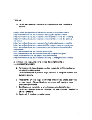 5
TAREAS:
1- Lector: Esta es la lista básica de documentos que debe comenzar a
estudiar.
http://www.slideshare.net/retcambio/introduccion-al-retcambio
hthttp://www.slideshare.net/retcambio/introduccion-al-retcambio
http://www.slideshare.net/retcambio/cartografia-del-retcambio
http://www.slideshare.net/retcambio/retcenter-la-escuela-del-forching
http://www.slideshare.net/retcambio/retcenter-la-escuela-del-cambio-
43155945
http://www.slideshare.net/retcambio/forch-el-modelo-para-el-cambio
http://www.slideshare.net/retcambio/el-forch-que-resuelve-problemas
http://www.slideshare.net/retcambio/contumacia-la-enfermedad-del-
aprendizaje
http://www.slideshare.net/retcambio/el-capla
http://www.slideshare.net/retcambio/selforching-la-autoayuda
https://www.slideshare.net/secret/eus0FwvFDferoo
http://www.slideshare.net/retcambio/aiching-la-ontogenia-del-cambio
http://www.slideshare.net/retcambio/forch-el-modelo-para-el-cambio
Al terminar esta etapa, me envía correo de cumplimiento a
coachanges@gmail.com
2- Participante: El siguiente paso consiste en estudiar en Udemy el curso:
Introducción al Retcambio
Cuando complete la primera etapa, le envió el link para entrar a este
curso en Udemy
3- Practicante: En esta etapa tendremos una serie de tareas, sesiones
en aula virtual y Skype. Realizara los primeros 7 módulos y una
práctica supervisada
4- Certificado. Al completar la practica supervisada recibirá un
certificado de competencias como TUTOR PRESENCIAL DISTANCIA
EN RETCAMBIO
5- Opcional. El modulo como formador
 