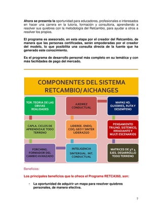 7
Ahora se presenta la oportunidad para educadores, profesionales e interesados
en hacer una carrera en la tutoría, formación y consultoria, aprendiendo a
resolver sus quiebres con la metodología del Retcambio, para ayudar a otros a
resolver los propios.
El programa es asesorado, en esta etapa por el creador del Retcambio, de
manera que las personas certificadas, serán empoderadas por el creador
del modelo, lo que posibilita una consulta directa de la fuente que ha
generado este conocimiento.
Es el programa de desarrollo personal más completo en su temática y con
más facilidades de pago del mercado.
Beneficios:
Los principales beneficios que le ofrece el Programa RETCA360, son:
- La oportunidad de adquirir un mapa para resolver quiebres
personales, de manera efectiva.
 