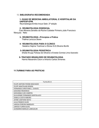 10. BIBLIOGRAFIA RECOMENDADA
1- GUIAS DE MEDICINA AMBULATORIAL E HOSPITALAR DA
UNIFESP-EPM
Reumatologia-Emilia Inoue Sato- 2ª edição
2- REUMATOLOGIA ESSENCIAL
Caio Moreira,Geraldo da Rocha Castelar Pinheiro,João Francisco
Marques Neto
3- REUMATOLOGIA –Princípios e Prática
Thelma Larocca Skare
4- REUMATOLOGIA PARA O CLÍNICO
Natalino Hajime Yoshinari e Eloísa S.D.Oliveira Bonfá
5- REUMATOLOGIA PEDIÁTRICA
Sheila Knupp Feitosa de Oliveira e Eneida Correia Lima Azevedo
6- TRATADO BRASILEIRO DE REUMATOLOGIA
Hamid Alexandre Cecin e Antonio Carlos Ximenes
11.TURMAS PARA AS PRÁTICAS
Turma B1-A
FELIPE ANTERO PIERINI MACHADO
FELIPE MAATALANI BENINI
FERNANDA CHRISTIANE L. CHAVES
GIOVANA FREDERICO
GIOVANNA CURI CAMPOS
GUILHERME FERNANDES BERTOLUCCI
ISABELA COSTA RIBEIRO
JAYME CANTIERO NETO
JULIA FRANCO GUIDI
LARISSA PEREIRA MARQUES
LARISSA TURIM ALVES
LEONARDO BARALDI LABEGALINI
 