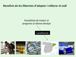 Beneficis de les llibertats d’adaptar i millorar el codi Possibilitat de traduir el programa al idioma desitjat Localització 
