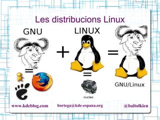 www.kdeblog.com bortega@kde-espana.org @baltolkien
Les distribucions Linux
Kernel/LinuxProgrames Lliures (gnu)
Escriptori
(KDE/Gnome/XFCE)
Distribució Linux
 