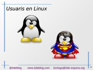 14
@kdeblog www.kdeblog.com bortega@kde-espana.org
Usuaris en LinuxUsuaris en Linux
 