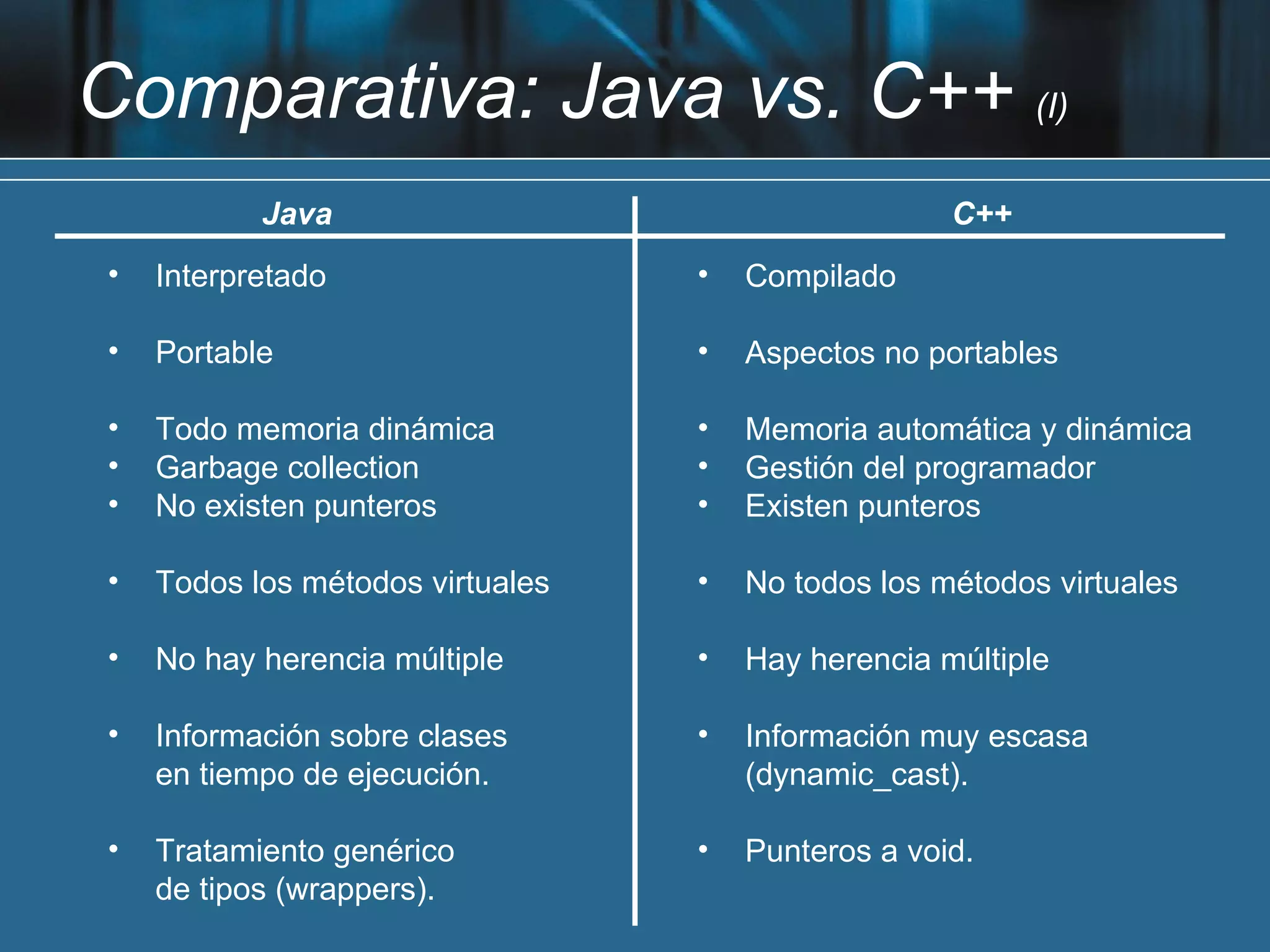 Comparativa: Java vs. C++ (I)
           Java                                     C++
•   Interpretado                  •   Compilado

•   Portable                      •   Aspectos no portables

•   Todo memoria dinámica         •   Memoria automática y dinámica
•   Garbage collection            •   Gestión del programador
•   No existen punteros           •   Existen punteros

•   Todos los métodos virtuales   •   No todos los métodos virtuales

•   No hay herencia múltiple      •   Hay herencia múltiple

•   Información sobre clases      •   Información muy escasa
    en tiempo de ejecución.           (dynamic_cast).

•   Tratamiento genérico          •   Punteros a void.
    de tipos (wrappers).
 