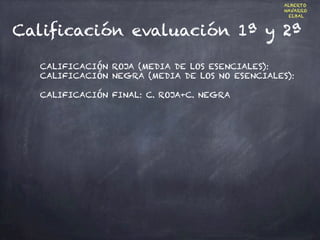 Calificación evaluación 1ª y 2ª
ALBERTO
NAVARRO
ELBAL
CALIFICACIÓN ROJA (MEDIA DE LOS ESENCIALES):
CALIFICACIÓN NEGRA (MEDIA DE LOS NO ESENCIALES):
 
CALIFICACIÓN FINAL: C. ROJA+C. NEGRA
 