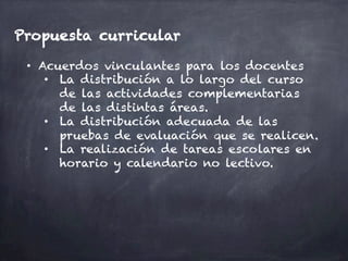 Propuesta curricular
•  Acuerdos vinculantes para los docentes
•  La distribución a lo largo del curso
de las actividades complementarias
de las distintas áreas.
•  La distribución adecuada de las
pruebas de evaluación que se realicen.
•  La realización de tareas escolares en
horario y calendario no lectivo.
 