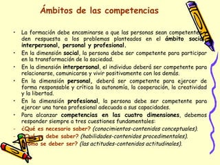 Ámbitos de las competencias La formación debe encaminarse a que las personas sean competentes y den respuesta a los problemas planteados en el  ámbito social, interpersonal, personal y profesional. En la dimensión  social , la persona debe ser competente para participar en la transformación de la sociedad. En la dimensión  interpersonal , el individuo deberá ser competente para relacionarse, comunicarse y vivir positivamente con los demás. En la dimensión  personal,  deberá ser competente para ejercer de forma responsable y crítica la autonomía, la cooperación, la creatividad y la libertad. En la dimensión  profesional , la persona debe ser competente para ejercer una tarea profesional adecuada a sus capacidades. Para alcanzar  competencias en las cuatro dimensiones , debemos responder siempre a tres cuestiones fundamentales: ¿Qué es necesario saber?   (conocimientos-contenidos conceptuales). ¿Qué se debe saber?   (habilidades-contenidos procedimentales). ¿Cómo se deber ser?   (las actitudes-contenidos actitudinales). 