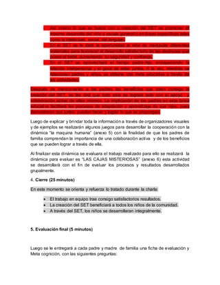 - Asi mismo lo que se busca con a creación del SET es promover el
máximo desarrollo del niño a escala general o en áreas específicas tales
como la intelectual, social, del lenguaje.
- En el SET se le dará la oportunidad al niño de manipular diferentes
materiales para favorecer el desarrollo satisfactorio de las destrezas que
posee el bebé, aumentando su seguridad y confianza.
- En el SET se aprovechará el tiempo padre-hijo, enriqueciendo la
relación interpersonal y el goce de estar juntos. A la vez, mientras se
relacionan padres y niños, se obtiene una meta educativa a través de
las actividades.
Después de mencionarles a los padres los beneficios que traen consigo la
creación del SET, se les dirá que todo esto se lograra solo con el apoyo y
colaboración activa de ellos mismos. La implicación de los padres en esta tarea
educativa facilitará los procesos de adaptación y aprendizaje de sus hijos, pues
demostraran que juntos pueden hacer y lograr lo que se propongan.
Luego de explicar y brindar toda la información a través de organizadores visuales
y de ejemplos se realizarán algunos juegos para desarrollar la cooperación con la
dinámica “la maquina humana” (anexo 5) con la finalidad de que los padres de
familia comprendan la importancia de una colaboración activa y de los beneficios
que se pueden lograr a través de ella.
Al finalizar esta dinámica se evaluara el trabajo realizado para ello se realizará la
dinámica para evaluar es “LAS CAJAS MISTERIOSAS” (anexo 6) esta actividad
se desarrollará con el fin de evaluar los procesos y resultados desarrollados
grupalmente.
4. Cierre (25 minutos)
En este momento se orienta y refuerza lo tratado durante la charla:
 El trabajo en equipo trae consigo satisfactorios resultados.
 La creación del SET beneficiará a todos los niños de la comunidad.
 A través del SET, los niños se desarrollaran integralmente.
5. Evaluación final (5 minutos)
Luego se le entregará a cada padre y madre de familia una ficha de evaluación y
Meta cognición, con las siguientes preguntas:
 
