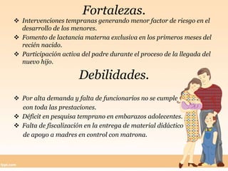 Fortalezas.
 Intervenciones tempranas generando menor factor de riesgo en el
desarrollo de los menores.
 Fomento de lactancia materna exclusiva en los primeros meses del
recién nacido.
 Participación activa del padre durante el proceso de la llegada del
nuevo hijo.
 Por alta demanda y falta de funcionarios no se cumple
con toda las prestaciones.
 Déficit en pesquisa temprano en embarazos adolecentes.
 Falta de fiscalización en la entrega de material didáctico
de apoyo a madres en control con matrona.
Debilidades.
 