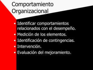 Comportamiento Organizacional Identificar comportamientos relacionados con el desempeño. Medición de los elementos. Identificación de contingencias. Intervención. Evaluación del mejoramiento. 