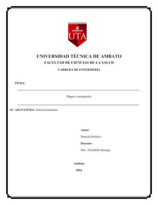 UNIVERSIDAD TÉCNICA DE AMBATO
FACULTAD DE CIENCIAS DE LA SALUD
CARRERA DE ENFERMERÍA
TEMA:
Mapas conceptuales
AS AIGNATURA: Salud alimentaria
Autor:
Daniela Bolaños
Docente:
Msc. Elizabeth Quiroga
Ambato
2016
 