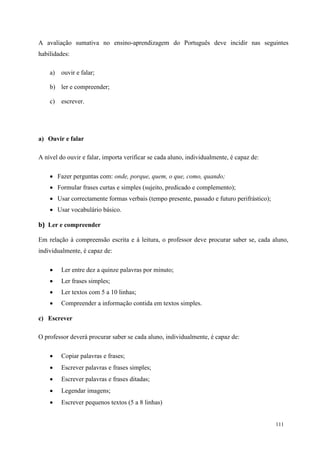 111
A avaliação sumativa no ensino-aprendizagem do Português deve incidir nas seguintes
habilidades:
a) ouvir e falar;
b) ler e compreender;
c) escrever.
a) Ouvir e falar
A nível do ouvir e falar, importa verificar se cada aluno, individualmente, é capaz de:
 Fazer perguntas com: onde, porque, quem, o que, como, quando;
 Formular frases curtas e simples (sujeito, predicado e complemento);
 Usar correctamente formas verbais (tempo presente, passado e futuro perifrástico);
 Usar vocabulário básico.
b) Ler e compreender
Em relação à compreensão escrita e à leitura, o professor deve procurar saber se, cada aluno,
individualmente, é capaz de:
 Ler entre dez a quinze palavras por minuto;
 Ler frases simples;
 Ler textos com 5 a 10 linhas;
 Compreender a informação contida em textos simples.
c) Escrever
O professor deverá procurar saber se cada aluno, individualmente, é capaz de:
 Copiar palavras e frases;
 Escrever palavras e frases simples;
 Escrever palavras e frases ditadas;
 Legendar imagens;
 Escrever pequenos textos (5 a 8 linhas)
 