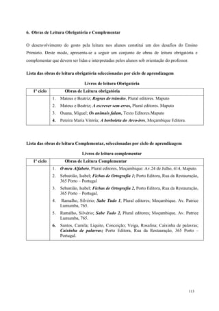 113
6. Obras de Leitura Obrigatória e Complementar
O desenvolvimento do gosto pela leitura nos alunos constitui um dos desafios do Ensino
Primário. Deste modo, apresenta-se a seguir um conjunto de obras de leitura obrigatória e
complementar que devem ser lidas e interpretadas pelos alunos sob orientação do professor.
Lista das obras de leitura obrigatória seleccionadas por ciclo de aprendizagem
Livros de leitura Obrigatória
1º ciclo Obras de Leitura obrigatória
1. Mateus e Beatriz; Regras de trânsito, Plural editores. Maputo
2. Mateus e Beatriz; A escrever sem erros, Plural editores. Maputo
3. Ouana, Miguel; Os animais falam, Texto Editores.Maputo
4. Pereira Maria Vitória; A borboleta do Arco-ires, Moçambique Editora.
Lista das obras de leitura Complementar, seleccionadas por ciclo de aprendizagem
Livros de leitura complementar
1º ciclo Obras de Leitura Complementar
1. O meu Alfabeto, Plural editores, Moçambique: Av.24 de Julho, 414, Maputo.
2. Sebastião, Isabel; Fichas de Ortografia 1; Porto Editora, Rua da Restauração,
365 Porto – Portugal
3. Sebastião, Isabel; Fichas de Ortografia 2, Porto Editora, Rua da Restauração,
365 Porto – Portugal.
4. Ramalho, Silvério; Sabe Tudo 1, Plural editores; Moçambique. Av. Patrice
Lumumba, 765.
5. Ramalho, Silvério; Sabe Tudo 2, Plural editores; Moçambique. Av. Patrice
Lumumba, 765.
6. Santos, Camila; Liquito, Conceição; Veiga, Rosalina; Caixinha de palavras;
Caixinha de palavras; Porto Editora, Rua da Restauração, 365 Porto –
Portugal.
 