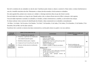 152
Será útil a existência de um calendário na sala de aula. O professor pode orientar os alunos a construí-lo. Deste modo, os alunos familiarizam-se
com ele e tomarão consciência dos dias. Diariamente, os alunos deverão assinalar o dia da semana no calendário.
Em cada segunda-feira, pintam com a mesma cor o sábado e o domingo anteriores (dias em que não foram à escola).
Esta actividade deve manter-se ao longo do ano. Quando acaba o mês, os alunos afixam uma nova folha e começam o mês seguinte.
Uma actividade importante é assinalar, no calendário, os feriados, as datas comemorativas e, também, os aniversários das crianças.
Os alunos realizam vários exercícios de identificação dos feriados e datas comemorativas no calendário, nomeadamente:
1 de Maio, 1 de Junho, 3 de Fevereiro, 4 de Outubro, 7 de Abril, 7 de Setembro, 16 de Junho, 25 de Junho, 25 de Setembro, 12 de Outubro, 25 de
Dezembro, Dia da Mãe e do Pai (data variável).
O professor deve controlar os números das datas comemorativas, escritos pelos alunos no quadro e nos seus cadernos.
UNIDADE
TEMÁTICA
OBJECTIVOS ESPECÍFICOS
O aluno deve ser capaz de:
CONTEÚDO
COMPETÊNCIAS PARCIAIS
O aluno
CH
IV
NÚMEROS
NATURAIS E
OPERAÇÕES
 Interpretar o significado da multiplicação,
como adição de parcelas iguais;
 Identificar números pares e ímpares;
 Contar de 10 em 10 e de 20 em 20, até 100;
 Efectuar a divisão através de subtracções
sucessivas;
Multiplicação até 50
 Noção de multiplicação
 Números pares e ímpares
 Contagem de 10 em 10 e de 20 em 20, até 100
 Multiplicação por 2, 3, 4 e 5
 Tábuas de multiplicação
 O dobro, a metade e o triplo de um número
 Resolve problemas que
envolvem multiplicação por 2, 3,
4, 5 e 10 e de divisão até 50.
60
Divisão até 50
 Noção de divisão
 Divisão partitiva como subtracções sucessivas
até 50, com os divisores 2, 3, 4 e 5
 A divisão como operação inversa da
multiplicação
 A divisão por 2, 3, 4 e 5
60
 