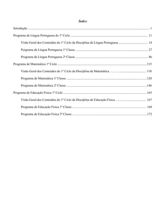 Índice
Introdução ....................................................................................................................................................... 1
Programa de Língua Portuguesa do 1º Ciclo ................................................................................................ 11
Visão Geral dos Conteúdos do 1º Ciclo da Disciplina de Língua Portuguesa .................................... 14
Porgrama de Língua Portuguesa 1ª Classe .......................................................................................... 27
Programa de Língua Portuguesa 2ª Classe .......................................................................................... 86
Programa de Matemática 1º Ciclo ...............................................................................................................115
Visão Geral dos Conteúdos do 1º Ciclo da Disciplina de Matemática ………................................. 118
Programa de Matemática 1ª Classe ....................................................................................................120
Programa de Matemática 2ª Classe ....................................................................................................146
Programa de Educação Física 1º Cíclo ........................................................................................................165
Visão Geral dos Conteúdos do 1º Ciclo da Disciplina de Educação Física ...................................... 167
Programa de Educação Física 1ª Classe ............................................................................................ 168
Programa de Educação Física 2ª Classe .............................................................................................172
 